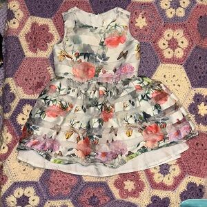 Girls' White Floral Mesh Party Dress with Pink & Green Print